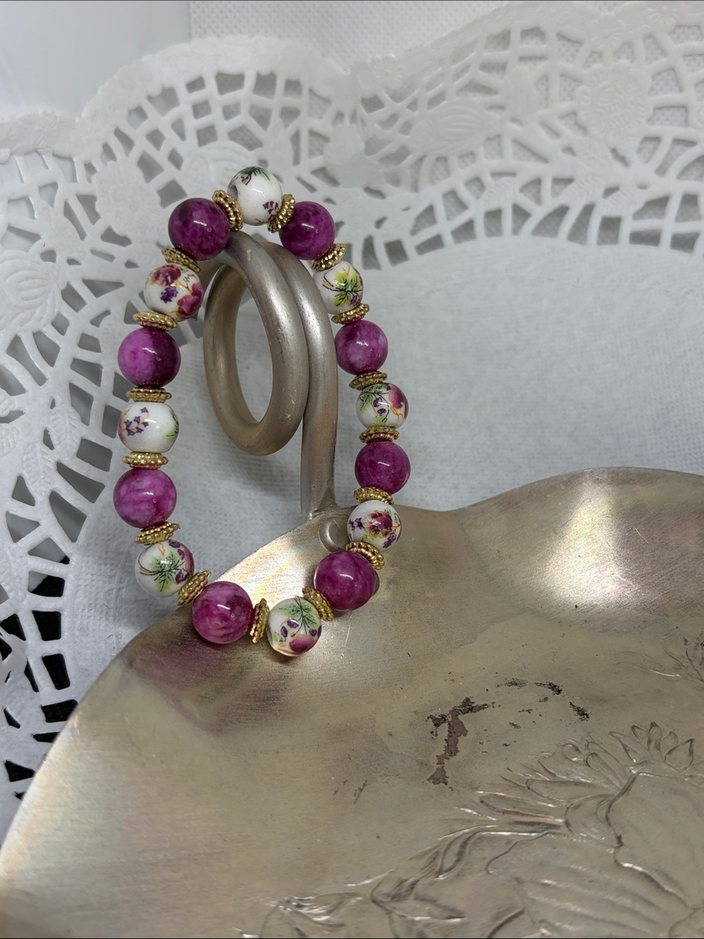 HEIRLOOM ROMANTIC Kunzite & Porcelain Bracelet French Countryside Boho - Picture 2 of 5